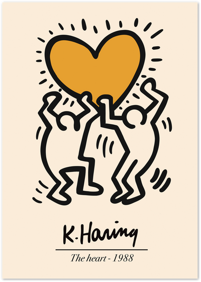 Keith Haring style poster of two figures holding an orange heart, The Heart 1988