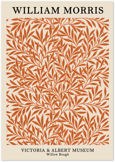 William Morris Willow Bough poster with orange willow leaf pattern on cream background