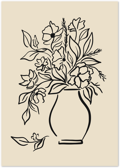 Black line art drawing of a flower bouquet in a vase on a beige background