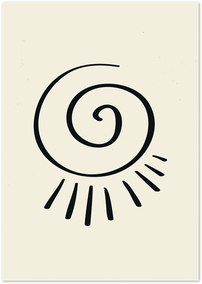Minimalist line art poster of a black spiral sun with rays on a beige background