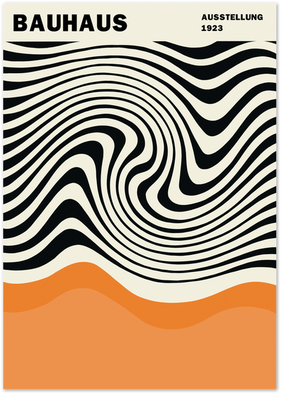 Bauhaus 1923 exhibition poster with wavy black and cream lines over an orange base