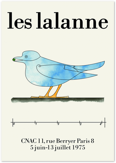 Les Lalanne exhibition poster with illustrated blue bird sculpture and CNAC Paris text