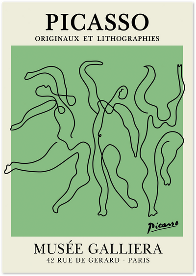 Picasso exhibition poster with green background and line art of dancing figures