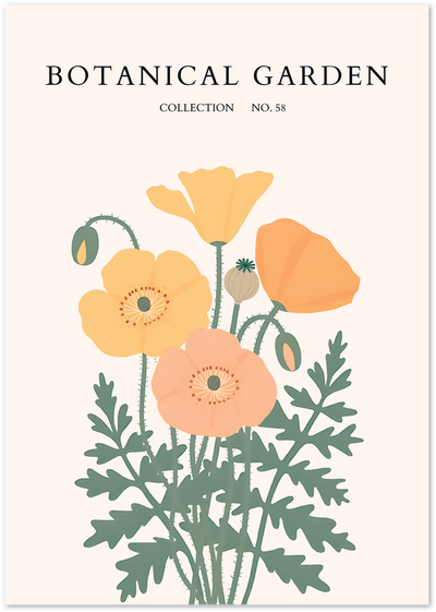 Illustrated poppy flowers in yellow, peach and orange with green stems on a cream Botanical Garden poster
