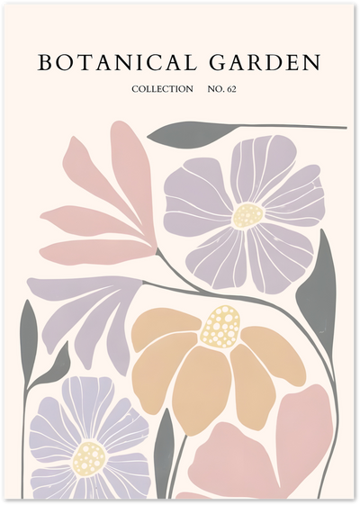 Botanical Garden Collection poster with pastel lilac, pink and mustard abstract flowers on cream background