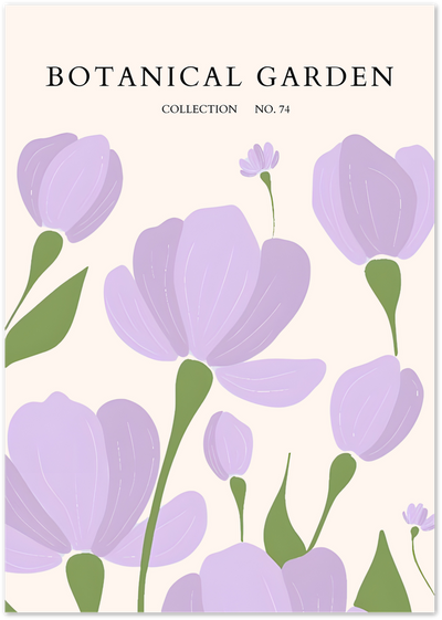 Illustrated purple tulips poster with Botanical Garden Collection No. 74 text on cream background