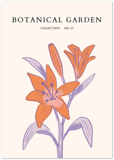 Botanical Garden poster with an orange lily flower and purple leaves on cream background