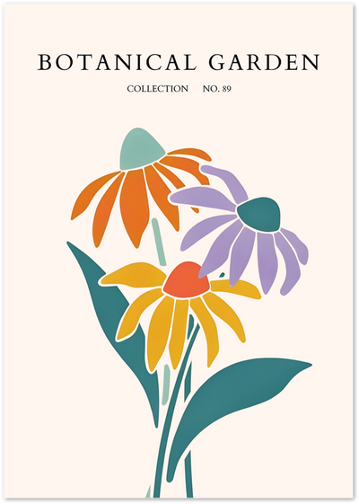Illustrated poster of three coneflowers in orange, purple and yellow titled Botanical Garden Collection No. 89