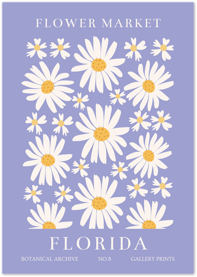 Flower Market poster with white daisies on a purple background and Florida text