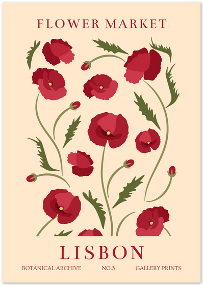 Red poppy flowers illustration with green leaves and Lisbon Flower Market typography on beige background