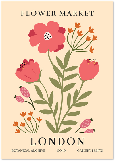 Flower Market London poster with pink flowers, rosehips and orange wildflowers on cream background