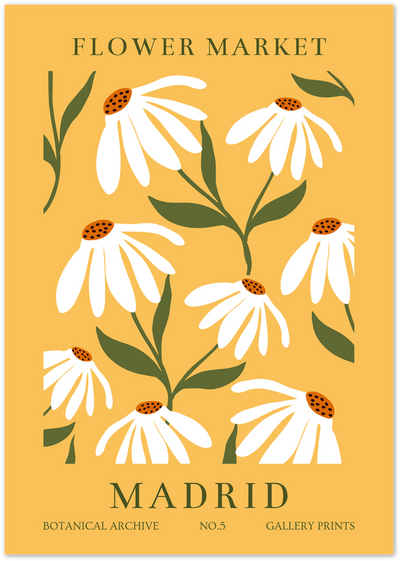 Flower Market Madrid poster with white daisies, orange centres and green stems on yellow background