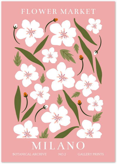 Flower Market Milano poster with white blossoms and green leaves on pink background