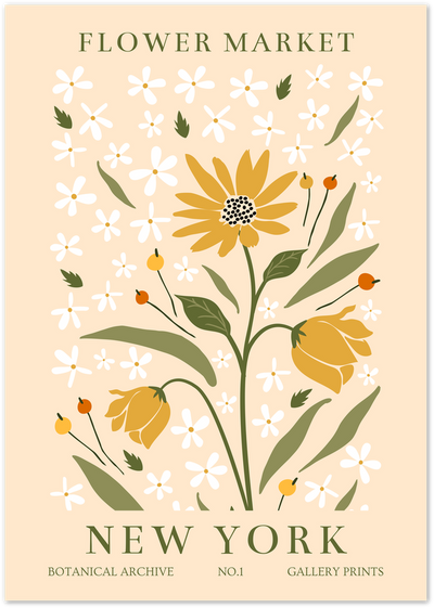 Flower Market New York poster with golden daisy, tulips and white blossoms on beige background