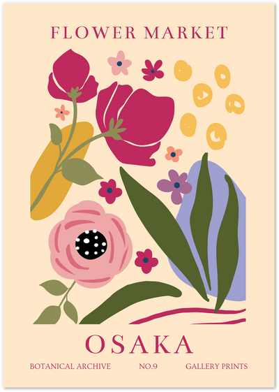 Flower Market Osaka poster with colorful illustrated flowers, leaves and botanical typography