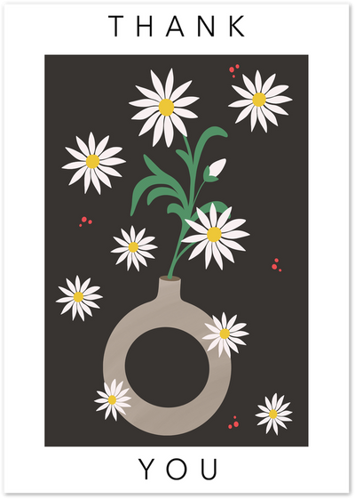 Illustrated white daisies in a vase with Thank You text on a dark charcoal background