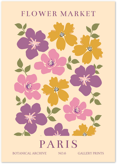 Flower Market Paris poster with purple, pink and yellow floral illustrations on cream background