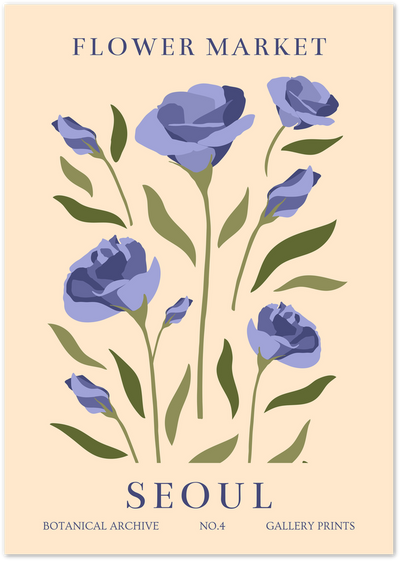 Flower Market poster with blue lisianthus flowers and Seoul botanical archive typography on beige background