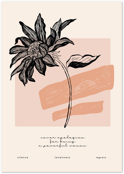 Black ink sunflower illustration with terracotta shapes and empowering woman quote on beige background