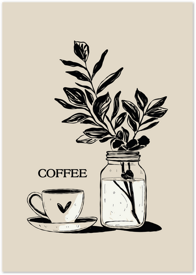 Line art poster of a coffee mug with heart and a mason jar with leafy branches on beige