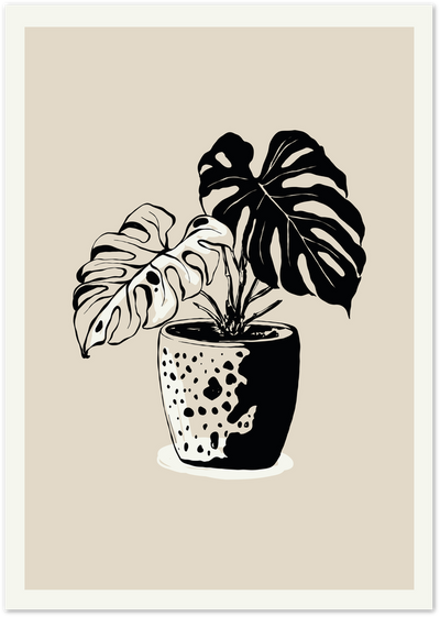 Black and white illustration of a potted monstera plant with split leaves on beige background