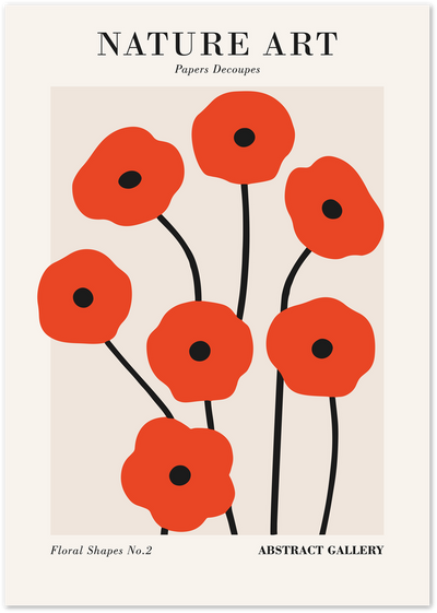 Abstract poster of red paper-cut poppy flowers with black stems on beige background