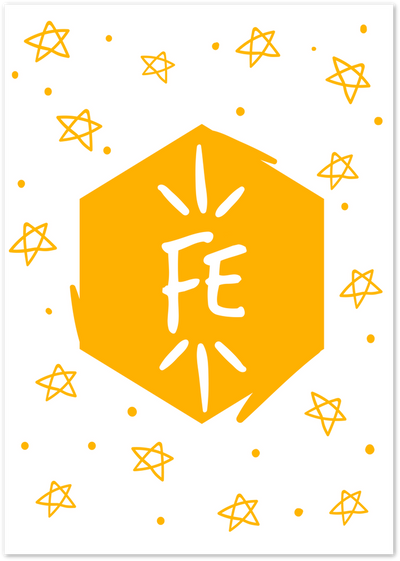 Orange hexagon with Fe chemical symbol surrounded by hand-drawn stars and dots
