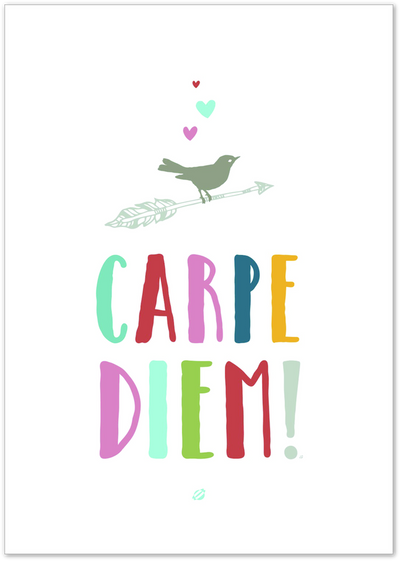 Colourful Carpe Diem typography poster with a green bird on an arrow and small hearts