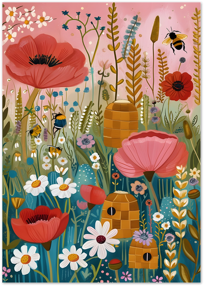 Illustrated wildflower meadow with poppies, daisies, bumblebees and woven beehives on pink background
