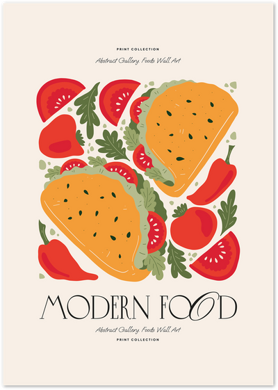 Illustrated poster of two tacos with tomatoes, chili peppers and arugula, titled Modern Food