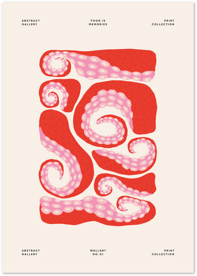 Illustration of curling red and pink octopus tentacles on a cream background