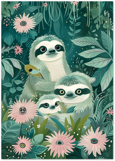 Illustration of a sloth family among green jungle leaves and pink flowers