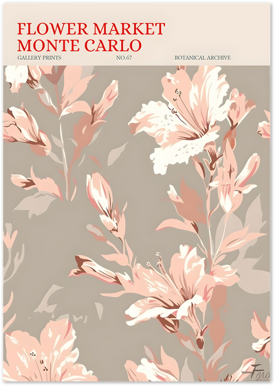 Flower Market Monte Carlo poster with illustrated blush pink lilies on taupe background