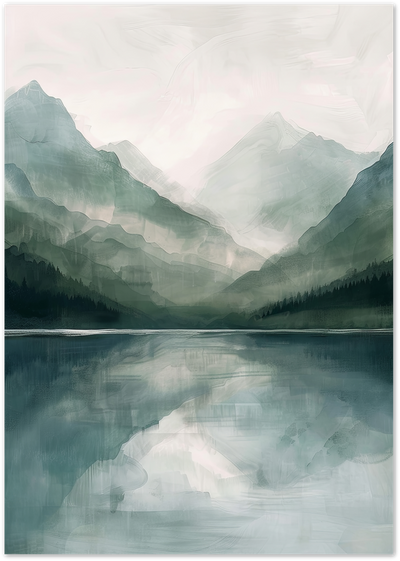 Misty mountain range reflected in a calm lake, painted in soft green and grey tones
