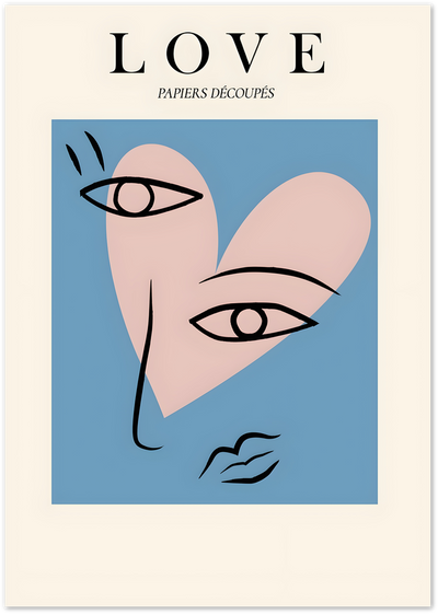 Abstract line art poster of a pink heart with facial features on a blue background, titled LOVE