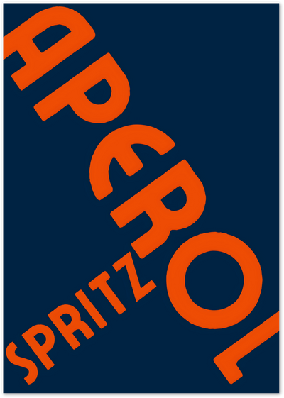 Tilted bold orange Aperol Spritz typography on a navy background poster