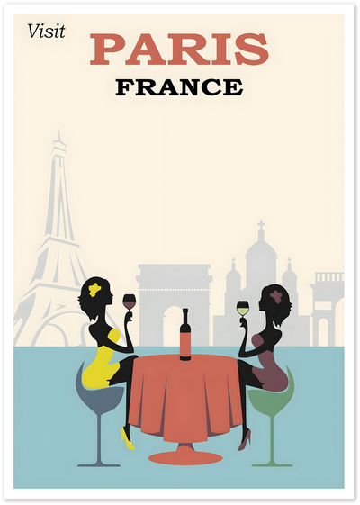 Vintage Visit Paris France travel poster with silhouetted women drinking wine before Eiffel Tower