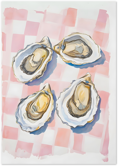 Watercolour painting of four open oysters on a pink and white checkerboard cloth