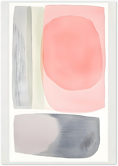 Abstract poster with soft pink rounded shape and grey, cream vertical forms