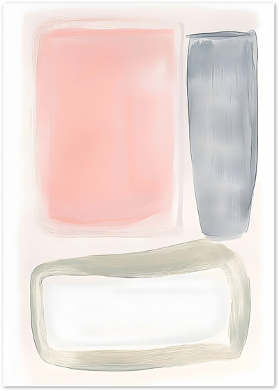 Abstract painting with pink rectangle, gray brushed panel and sage-green outlined shape on white