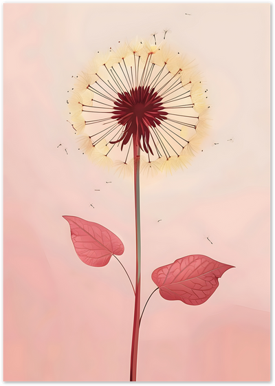 Illustration of a dandelion seed head in burgundy and cream tones on a pink background