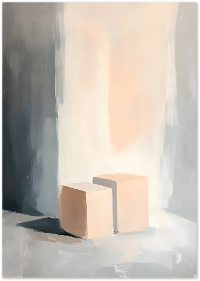 Abstract painting of two beige cube shapes against a soft grey and cream painterly background