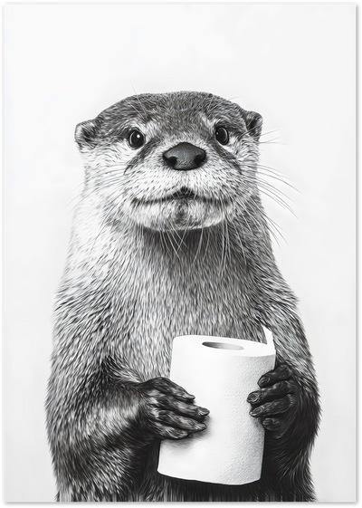 Black and white illustration of an otter holding a roll of toilet paper