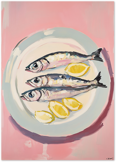 Painting of three sardines and lemon wedges on a blue plate against a pink background