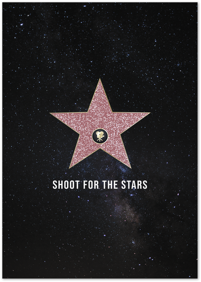Hollywood Walk of Fame star with film camera icon on starry night sky, text Shoot For The Stars