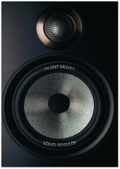 Close-up of a black speaker with bronze tweeter, mesh woofer and text Silent Moves Loud Results