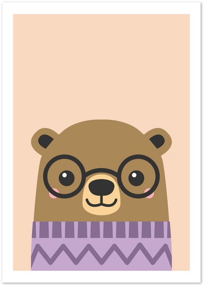 Illustrated poster of a brown bear wearing round glasses and a purple striped sweater