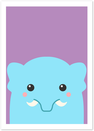 Illustration of a cute blue monster with fangs and rosy cheeks on a purple background