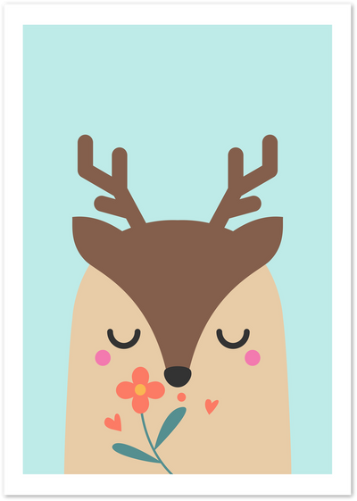 Illustrated deer with brown antlers, closed eyes and orange flower on mint background