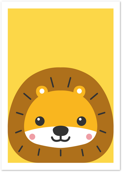 Illustrated poster of a cute baby lion face with rosy cheeks on a yellow background
